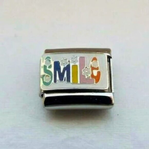 Colorful word Smile flowers enamel 9mm stainless steel Italian charm link new - Picture 1 of 2